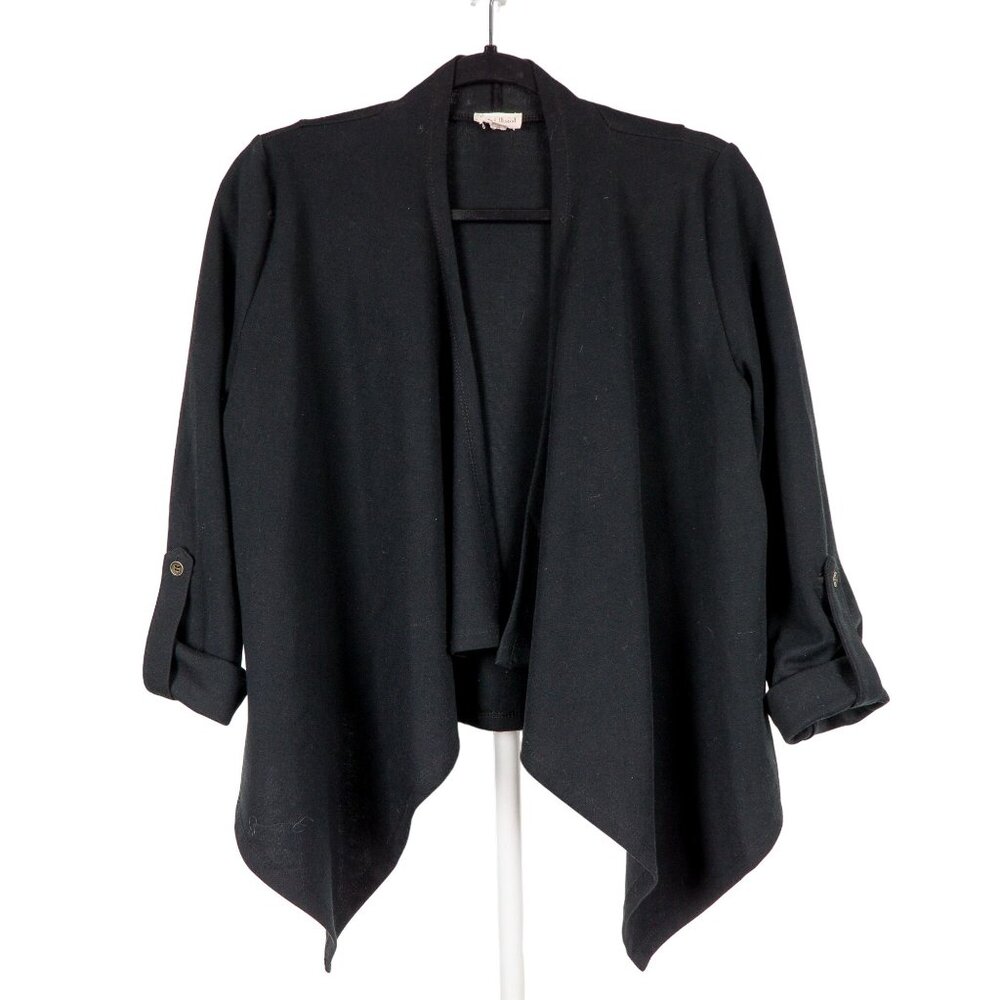 Hem & Thread Cardigan Sweater S Black Roll Tab 3/4 Sleeve Waterfall Whimsigoth